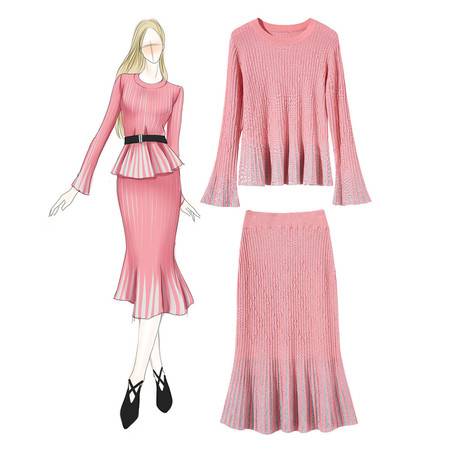 施悅名 精品女裝早春新款喇叭袖壓褶針織衫包臀魚(yú)尾裙套裝